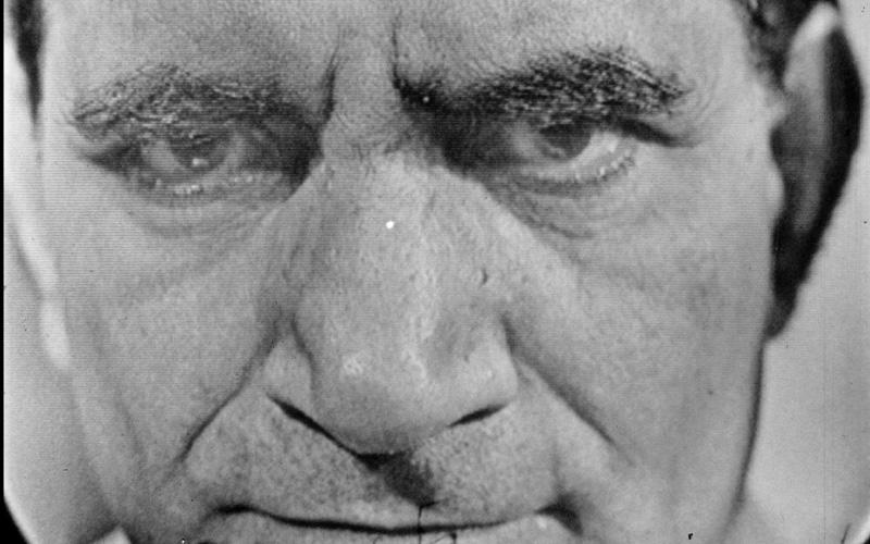 Kuda Bux extreme close up of his face, black and white