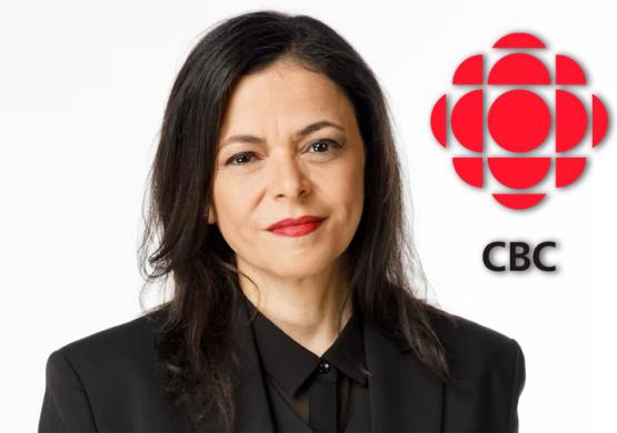 Woman with dark hair and black top with CBC logo superimposed